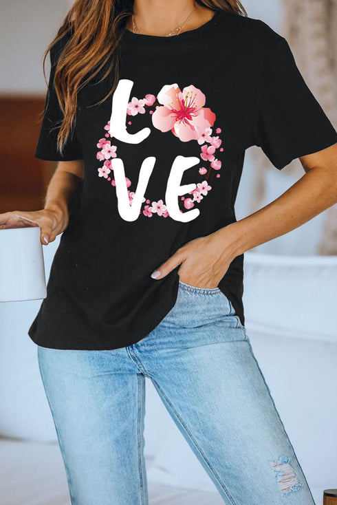 Black Love Cherry Blossoms Graphic Print Short Sleeve T Shirt